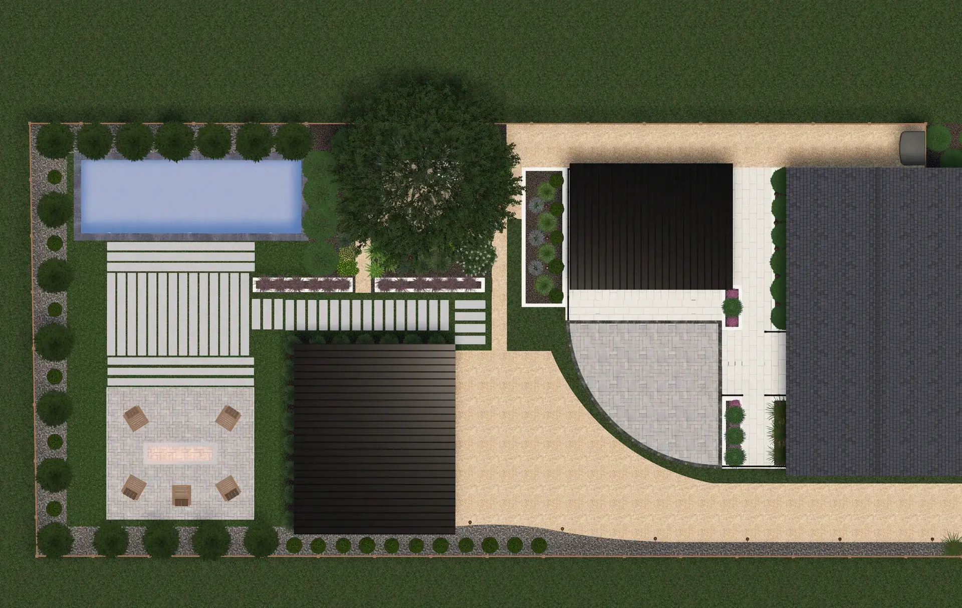 Rendered overhead plan of a backyard with a pool, fire pit terrace and carport