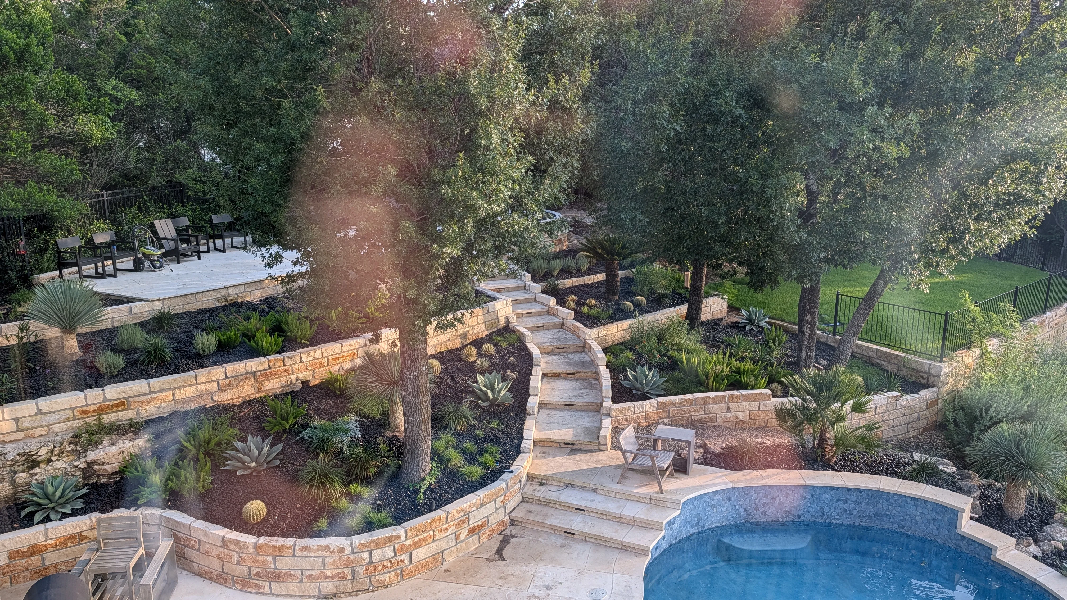 An aerial view of a backyard built by Fairfield Innovations in West Lake Hills