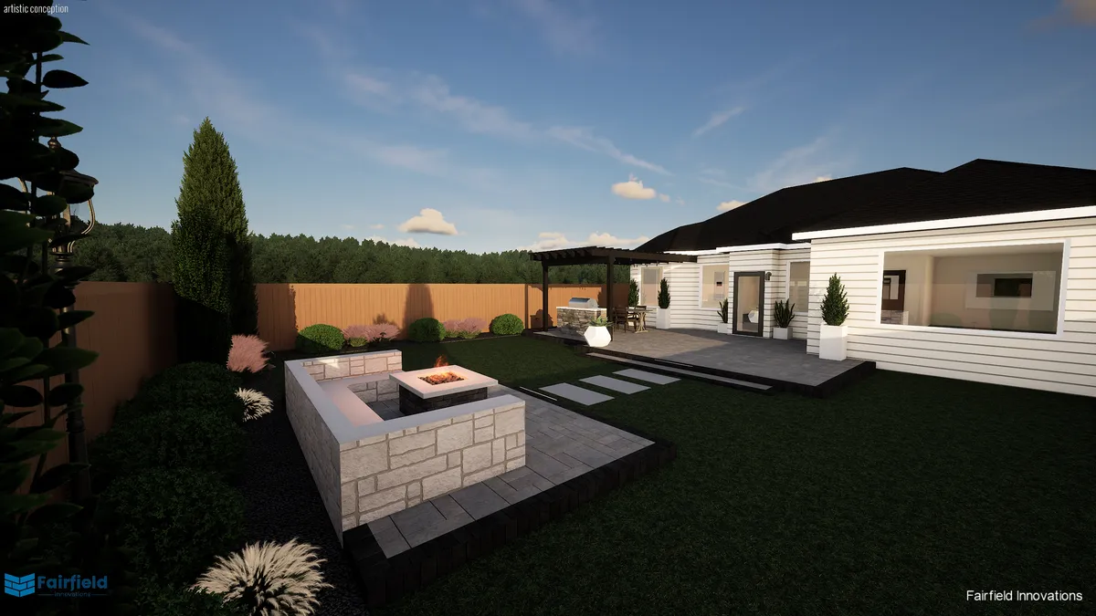 Photorealistic 3D rendering of a finished backyard outdoor living space
