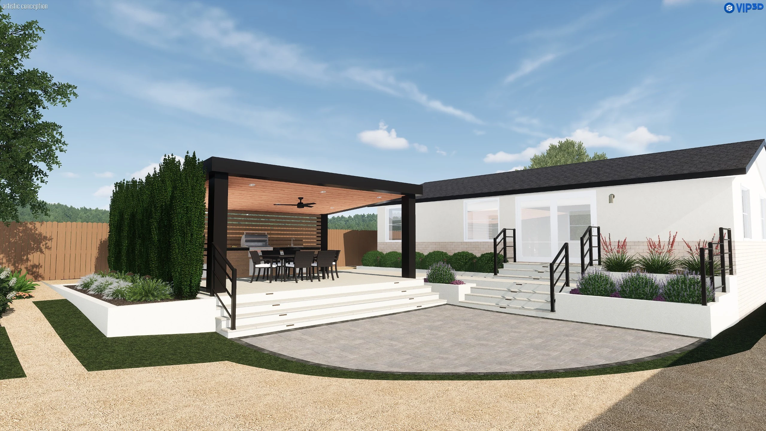 A rendering of a backyard gathering area with covered patio, paver patio, and landscaping.