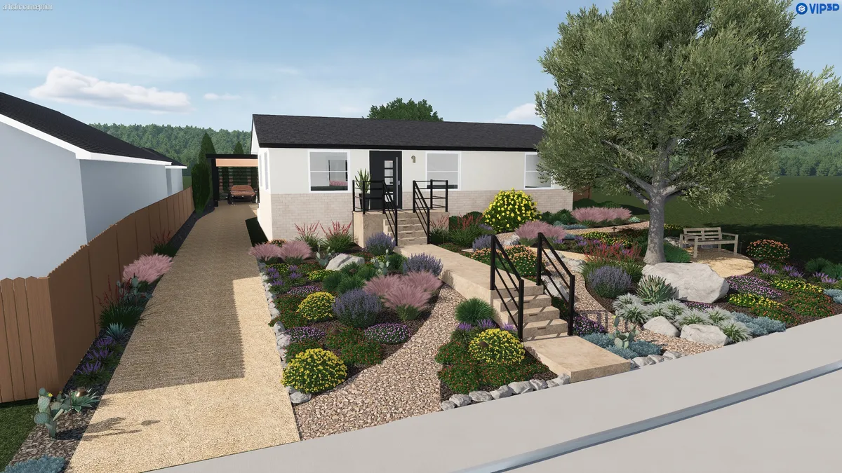 Photorealistic 3D rendering of a finished backyard outdoor living space