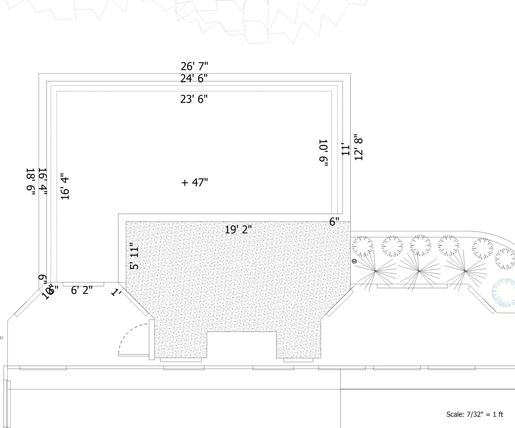 Dimensioned hardscape plan with patio measurements