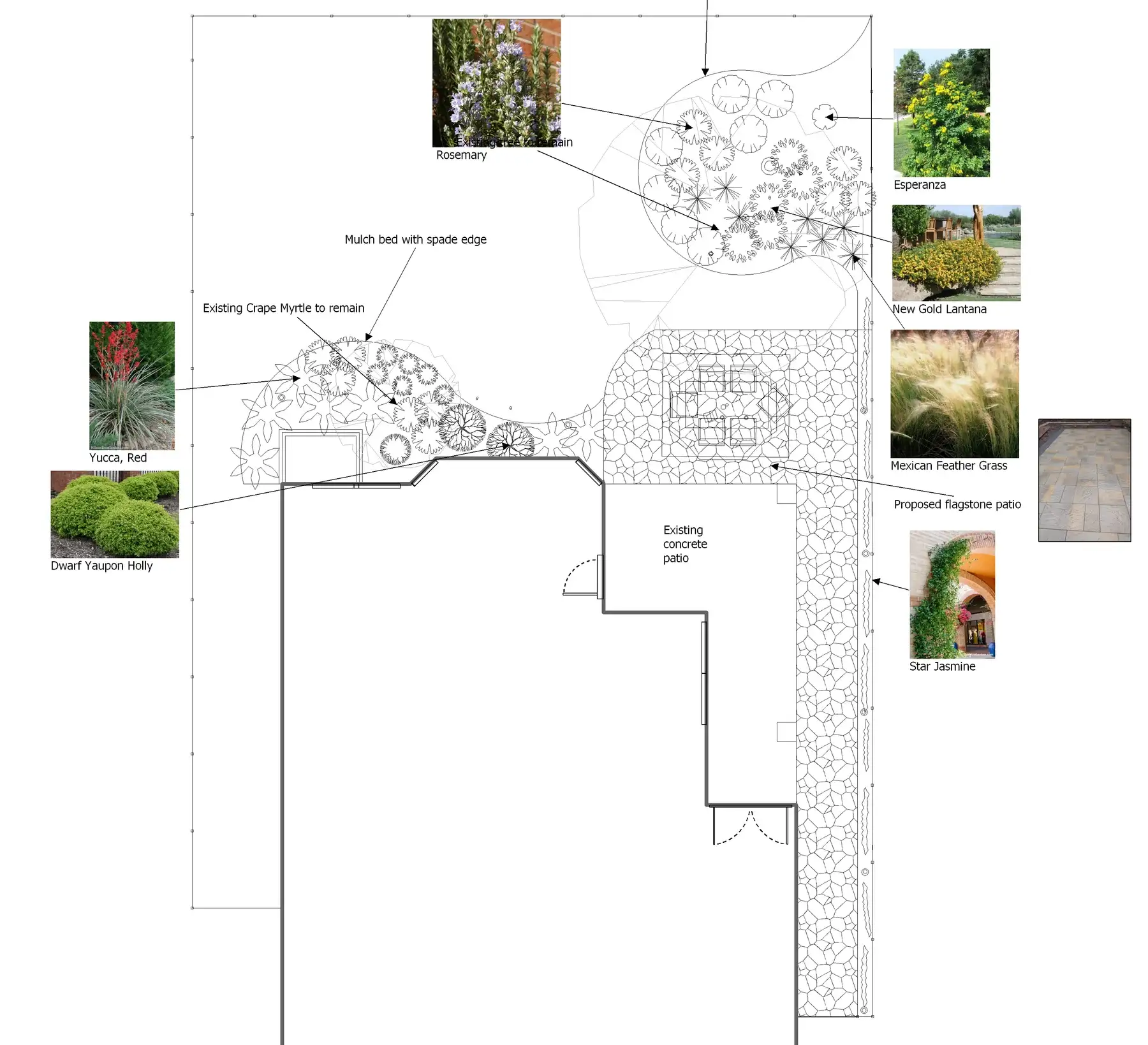 Plan callouts with photos of selected plants and flagstone