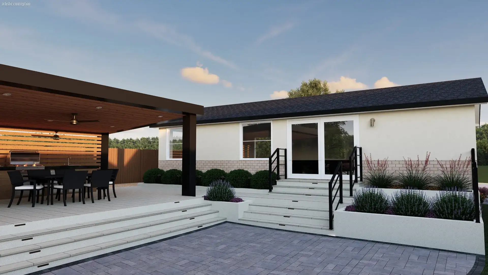 3D rendering of a covered patio and paver terrace