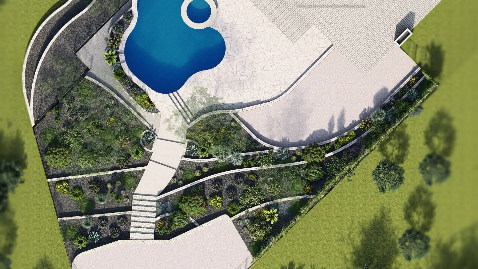 Landscape design render of a pool with terraced planting beds and stone steps