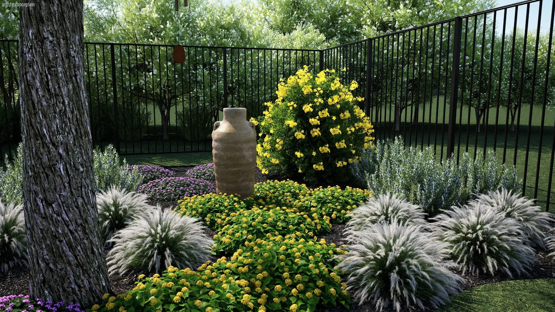 3D rendering of a stacked-stone water wall and seat wall at dusk