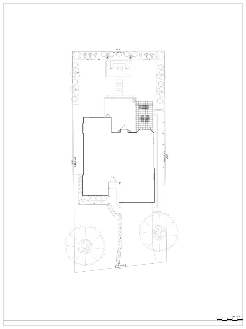 Landscape site plan with dimensions and material callouts