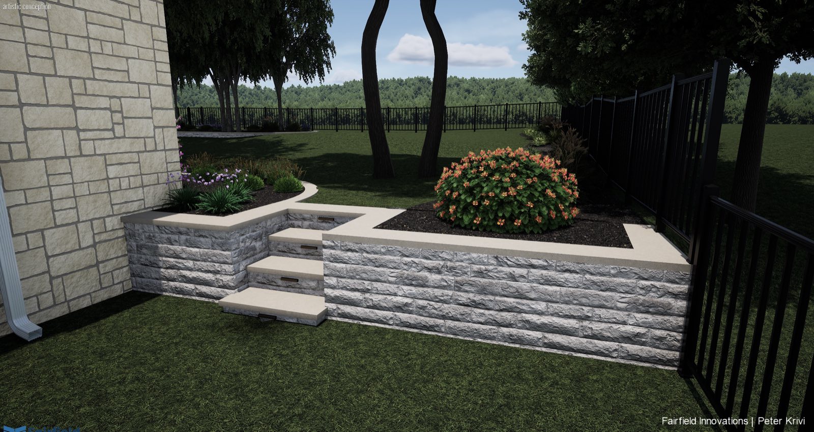 Render: two-level raised bed at the corner of the house