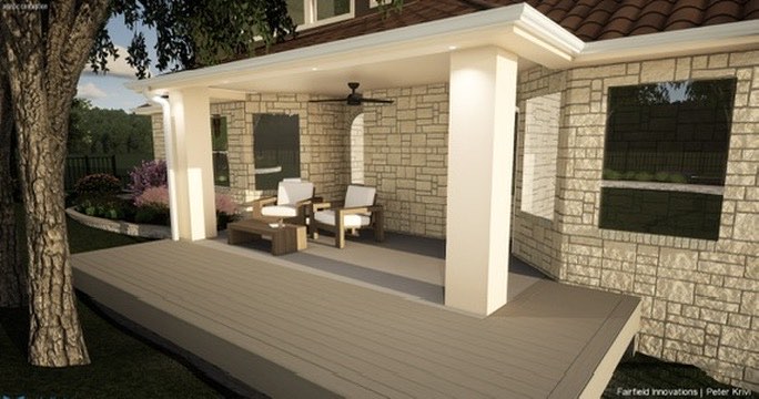 Render: composite deck extending out from the covered patio
