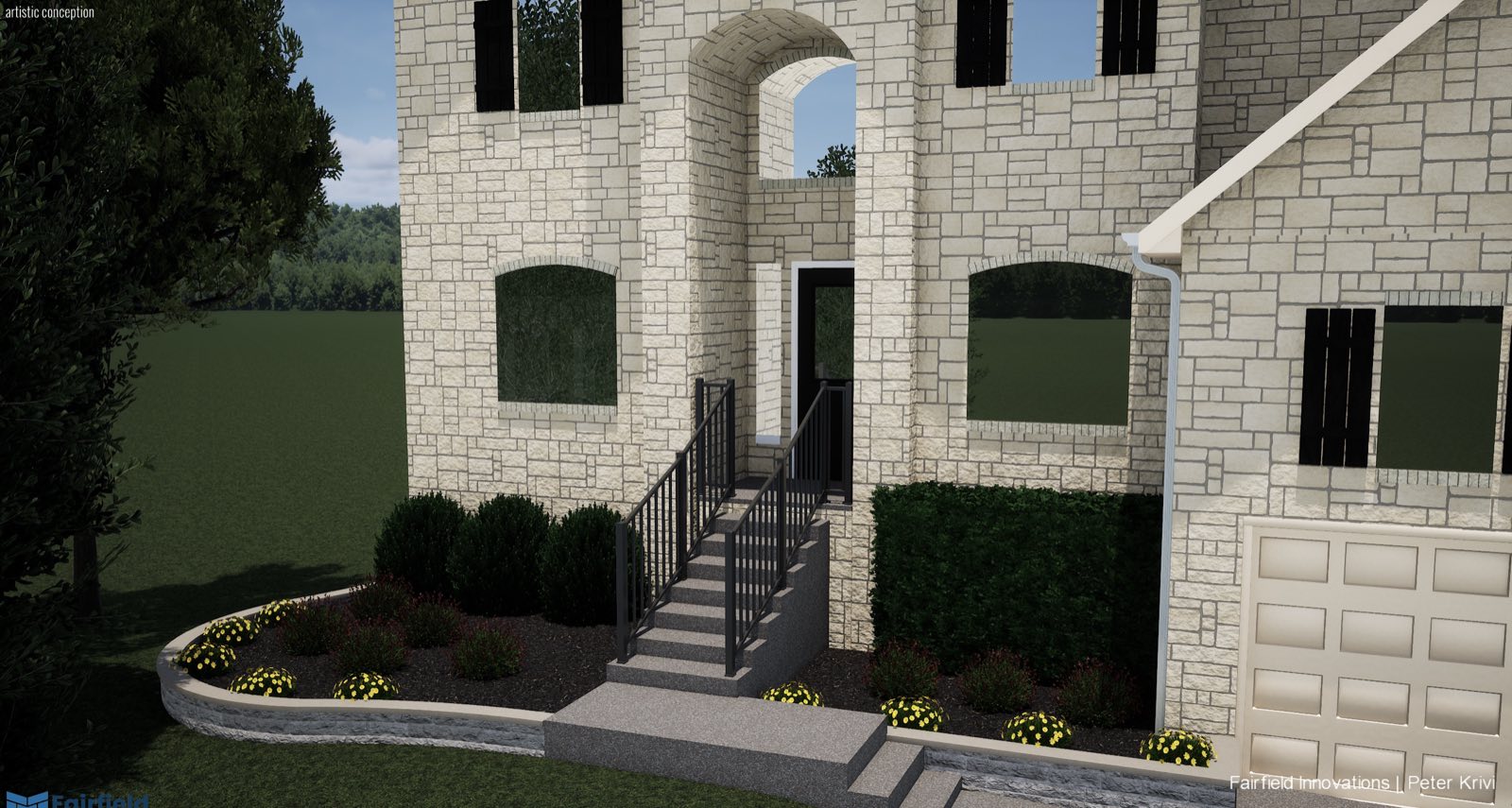 Render: raised planting bed wrapping the front entry steps