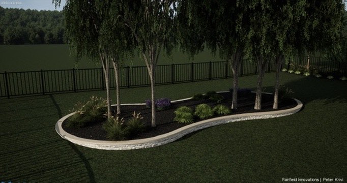 Render: the kidney-shaped raised bed gathering the back-yard oaks